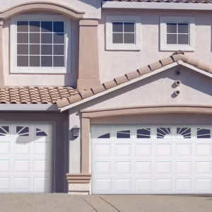 2 Durafirm 3560s in Glacier White Standard. Both doors feature arched windows, but the left door is a 6x7, and the right door is a 16x7.