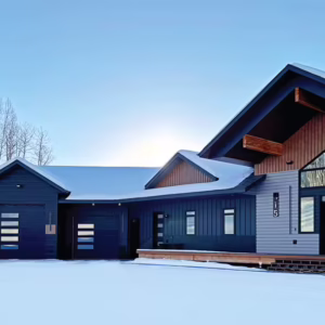 3 Thermacore Model 5760 doors. The one in the middle is 7' by 10', and the others are 7' by 9'. They all come in a black flush finish with windows on the left side.